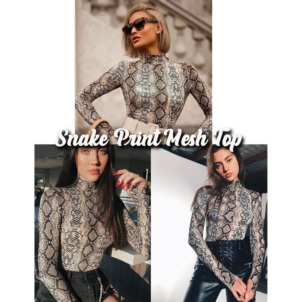 Women’s Mesh Top Long Sleeve Mock Neck Sheer Shirt Floral Pattern S-XXL - Picture 4 of 5